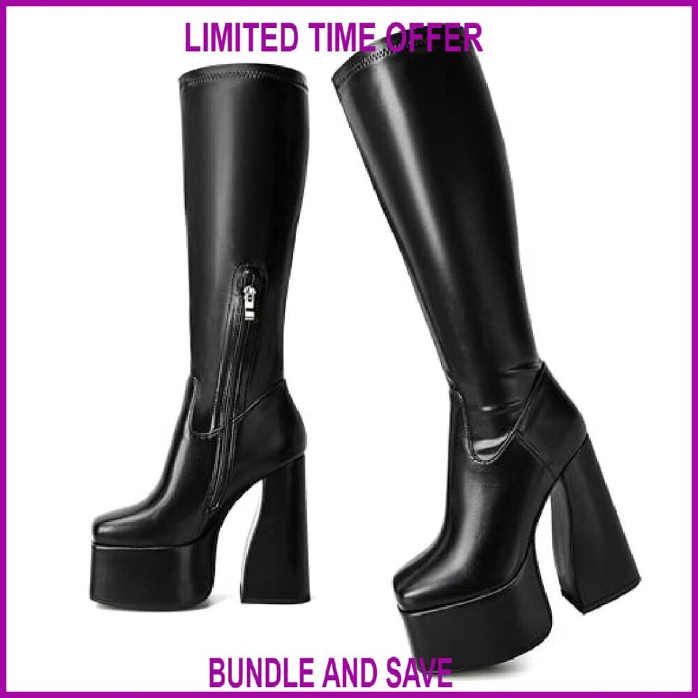Knee High Platform Boots Chunky Heel Side Zipper Stretch PU Size 8 - Picture 2 of 8